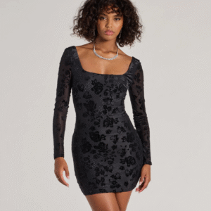 Minivestido elegante de terciopelo floral con mangas largas y efecto desgastado