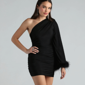 Vestido mini de un solo hombro con ribete de plumas de marabú de Brielle