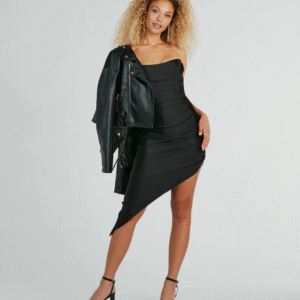 Vestido midi de punto asimétrico sin tirantes y con efecto drama sensual